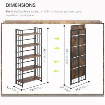 4NM No-Assembly 5 Tiers Folding Bookshelf Storage Shelves Vintage Bookcase Standing Racks Study Orga...