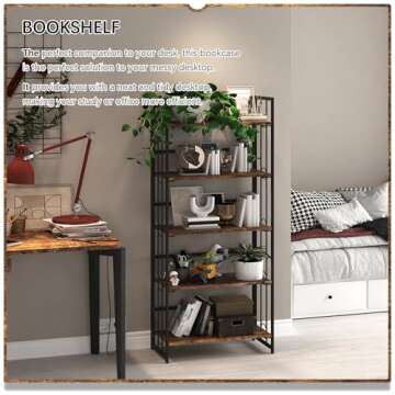 4NM No-Assembly 5 Tiers Folding Bookshelf Storage Shelves Vintage Bookcase Standing Racks Study Organizer Home Office - Rustic Brown and Black