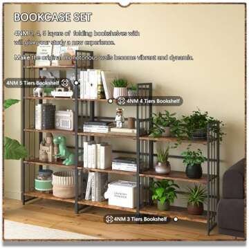 4NM No-Assembly 5 Tiers Folding Bookshelf Storage Shelves Vintage Bookcase Standing Racks Study Organizer Home Office - Rustic Brown and Black