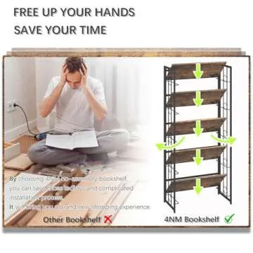 4NM No-Assembly 5 Tiers Folding Bookshelf Storage Shelves Vintage Bookcase Standing Racks Study Organizer Home Office - Rustic Brown and Black