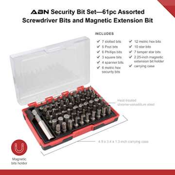 ABN Security Bit Set - 61 Piece Assorted Screwdriver Bits and Magnetic Extension Bit Holder, Impact Driver Bits