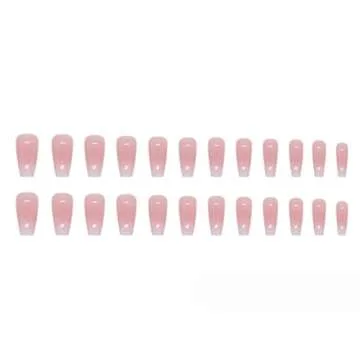 Hkanlre Bling Coffin Press on Nails Fake Nails Tips Full Cover Medium False Gradient Nails for Women and Girls 24PCS (Coffin pink)
