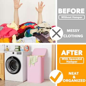 SpaceAid Laundry Hamper with Lid, 110L Large Tall Clothes Basket Bin with Bamboo Handles, Collapsible Laundry Hamper for Bedroom, Bathroom, Dorm, Laundry Room - Pink