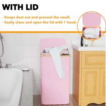 SpaceAid Laundry Hamper with Lid, 110L Large Tall Clothes Basket Bin with Bamboo Handles, Collapsible Laundry Hamper for Bedroom, Bathroom, Dorm, Laundry Room - Pink