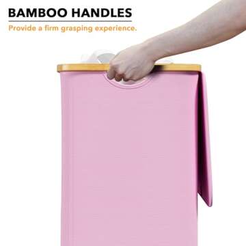 SpaceAid Laundry Hamper with Lid, 110L Large Tall Clothes Basket Bin with Bamboo Handles, Collapsible Laundry Hamper for Bedroom, Bathroom, Dorm, Laundry Room - Pink