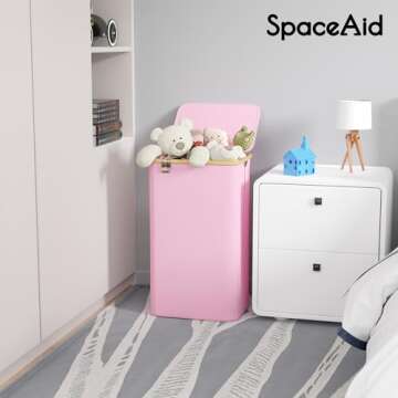 SpaceAid Laundry Hamper with Lid, 110L Large Tall Clothes Basket Bin with Bamboo Handles, Collapsible Laundry Hamper for Bedroom, Bathroom, Dorm, Laundry Room - Pink