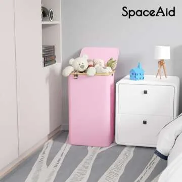 SpaceAid Laundry Hamper with Lid, 110L Large Tall Clothes Basket Bin with Bamboo Handles, Collapsible Laundry Hamper for Bedroom, Bathroom, Dorm, Laundry Room - Pink