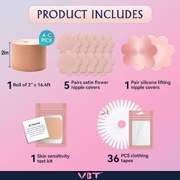 VBT Breast Tape, Replace Bra-Instant Boob Tape, Suitable for A-G, Bob Tape for Breast Lift w 1 Boobtape, 5 Pairs Satin Breast Petals, 1 Pair Silicone Nipple Stickers, 36 PCS Double Sided Tape Beige