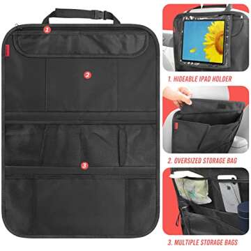 INFIVITA Car Seat Back Organizer - Kick Mats Seat Back Protector with IPad Holder and Multiple Storage Pockets, Road Trip Car Accessories for Kids, 2Pack