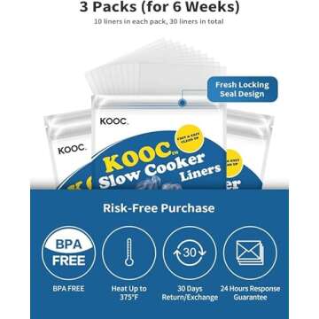 KOOC Slow Cooker Liners 14"x22" 30 Count Extra Large Size Disposable Pot Liners Cooking Bags Fit 6 qt to 10 qt Pot BPA Free Fresh Locking Seal Design