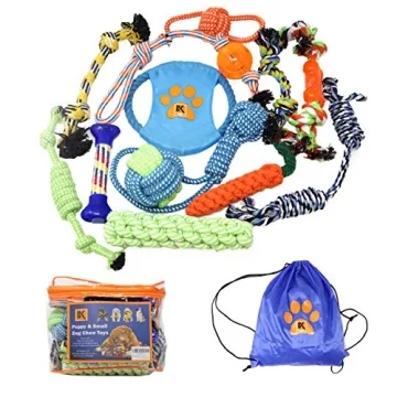 Puppy Toys, Box of 13 Puppy Dog Rope Chew Toys Designed for Playtime, Made for Chewing, Teething, and Calming Anxiety in New Puppies and Small Dogs, Bundle Includes a BONUS Storage Bag