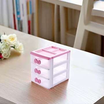 WQURC Lovely Girls Receiving Storage Cabinets Box Room Desktop Makeup Organizer With Three-tier Desk Receiving Drawers N Pink Bowknot (Classical)