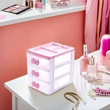 WQURC Lovely Girls Receiving Storage Cabinets Box Room Desktop Makeup Organizer With Three-tier Desk Receiving Drawers N Pink Bowknot (Classical)