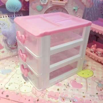 WQURC Lovely Girls Receiving Storage Cabinets Box Room Desktop Makeup Organizer With Three-tier Desk Receiving Drawers N Pink Bowknot (Classical)