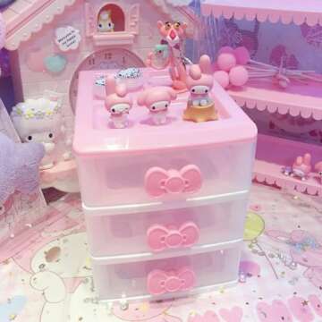 WQURC Lovely Girls Receiving Storage Cabinets Box Room Desktop Makeup Organizer With Three-tier Desk Receiving Drawers N Pink Bowknot (Classical)