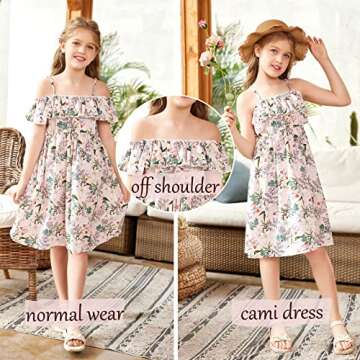 Arshiner Girls Floral Printed Dresses Off Shoulder Spaghetti Strap A-line Swing Dress Toddler Girl Clothes Teal Green Floral 4-5 Years