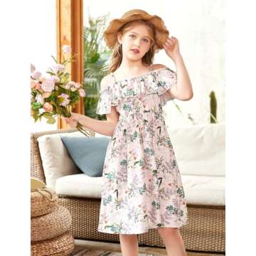 Arshiner Girls Floral Printed Dresses Off Shoulder Spaghetti Strap A-line Swing Dress Toddler Girl Clothes Teal Green Floral 4-5 Years