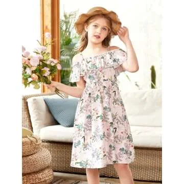 Arshiner Girls Floral Printed Dresses Off Shoulder Spaghetti Strap A-line Swing Dress Toddler Girl Clothes Teal Green Floral 4-5 Years