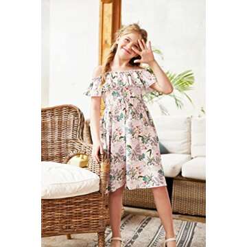 Arshiner Girls Floral Printed Dresses Off Shoulder Spaghetti Strap A-line Swing Dress Toddler Girl Clothes Teal Green Floral 4-5 Years