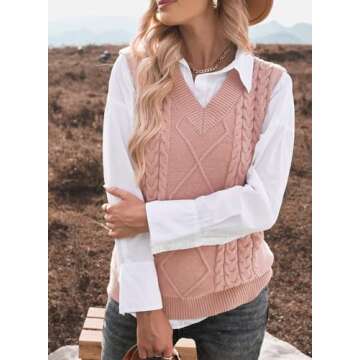 EVALESS Womens Pink Sweater Vest V Neck Sleeveless Sweaters for Women Cable Knit Solid Color Tops Lo...