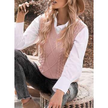 EVALESS Womens Pink Sweater Vest V Neck Sleeveless Sweaters for Women Cable Knit Solid Color Tops Loose Casual Soft Sweater Small