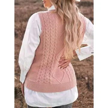 EVALESS Womens Pink Sweater Vest V Neck Sleeveless Sweaters for Women Cable Knit Solid Color Tops Loose Casual Soft Sweater Small