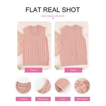 EVALESS Womens Pink Sweater Vest V Neck Sleeveless Sweaters for Women Cable Knit Solid Color Tops Loose Casual Soft Sweater Small