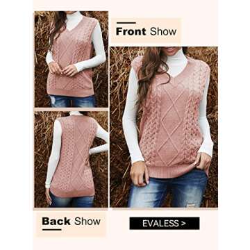 EVALESS Womens Pink Sweater Vest V Neck Sleeveless Sweaters for Women Cable Knit Solid Color Tops Loose Casual Soft Sweater Small