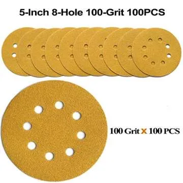 Aiyard 5-Inch 8-Hole Hook and Loop Sanding Discs 100-Grit Random Orbit Sandpaper, 100-Pack