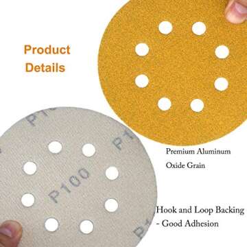 Aiyard 5-Inch 8-Hole Hook and Loop Sanding Discs 100-Grit Random Orbit Sandpaper, 100-Pack