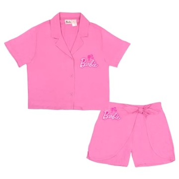 Barbie Girls Pink Preppy Clothes Button Down Shirt and Short Set Clothes for Girls Two Piece Set Out...