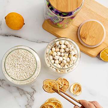 MOLADRI 480 ml / 16 oz clear cute glass storage canister holder with airtight bamboo lid, modern decorative small container jar for coffee, spice, candy, salt, cookie, condiment, pepper, sugar