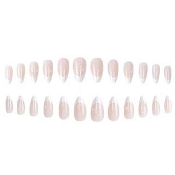 Foccna French Press on Nails Medium, Pearl White Fake Nails Almond Acrylic False Nails, Artificial N...