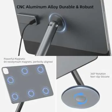 KU XIU Magnetic Charging Stand Only for iPad Pro 11 inch M4 (2024), Aluminum Alloy Foldable iPad Pro Stand with 18W Max Fast Charging, 360° Rotating Base iPad Pro Holder for Desk