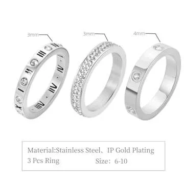 Jarlinwel Love Friendship Ring Cubic Zirconia Gold Ring Sets for Women Stainless Steel Stacking Ring Wedding Statement Thumb Ring Bands (8, 3Pcs Silver)