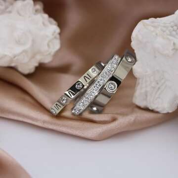 Jarlinwel Love Friendship Ring Cubic Zirconia Gold Ring Sets for Women Stainless Steel Stacking Ring Wedding Statement Thumb Ring Bands (8, 3Pcs Silver)