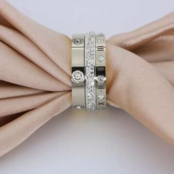 Jarlinwel Love Friendship Ring Cubic Zirconia Gold Ring Sets for Women Stainless Steel Stacking Ring Wedding Statement Thumb Ring Bands (8, 3Pcs Silver)