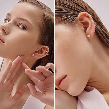 Kainier 5 Pairs CZ Stud Earrings Flat Back Earrings Simulated Diamond Round Surgical Steel Cubic Zir...