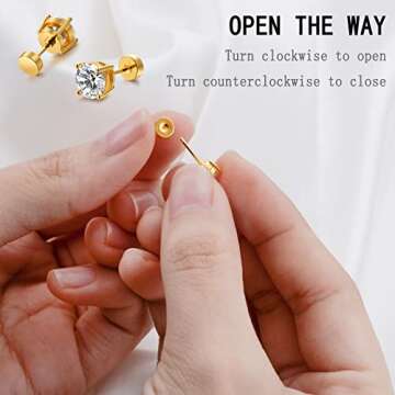 Kainier 5 Pairs CZ Stud Earrings Flat Back Earrings Simulated Diamond Round Surgical Steel Cubic Zirconia Hypoallergenic Flat Back Ear Stud Set