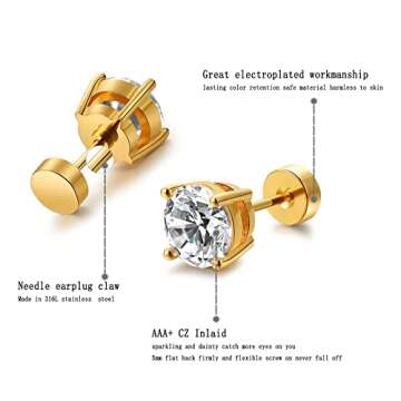 Kainier 5 Pairs CZ Stud Earrings Flat Back Earrings Simulated Diamond Round Surgical Steel Cubic Zirconia Hypoallergenic Flat Back Ear Stud Set