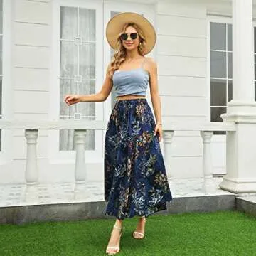 Abaadlw Maxi Skirts for Women with Pockets Long Midi Length Casual Skirt for Beach Party Holiday Blue Floral