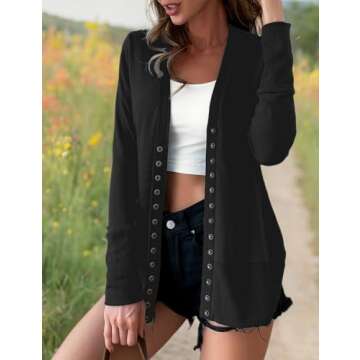 VERABENDI Women's Long Sleeve Button Down V Neck Knit Sweater Cardigans Black L