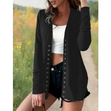 VERABENDI Women's Long Sleeve Button Down V Neck Knit Sweater Cardigans Black L