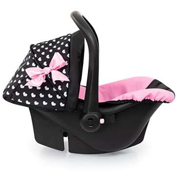 Bayer Design Dolls: Deluxe Car Seat: Hearts Black & Pink - Pretend Play Accessory for Dolls/Plushes Up to 18", Ages 3+, Large