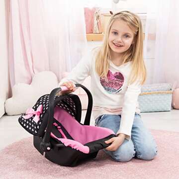 Bayer Design Dolls: Deluxe Car Seat: Hearts Black & Pink - Pretend Play Accessory for Dolls/Plushes Up to 18", Ages 3+, Large