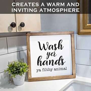 MAINEVENT Wood Decorative Sign, Funny Farmhouse Bathroom Wall Art, 12x12 inches, Wash Yer Hands Ya Filthy Animal