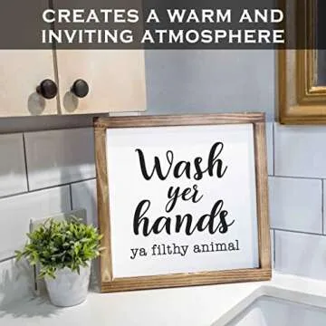 MAINEVENT Wood Decorative Sign, Funny Farmhouse Bathroom Wall Art, 12x12 inches, Wash Yer Hands Ya Filthy Animal