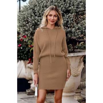 PRETTYGARDEN Women's Winter Rib Knit Pullover Sweater 2024 Fashion Fall Dresses Long Sleeve Hooded Bodycon Dress (Khaki,Large)