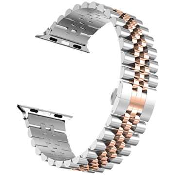 Wolait Compatible with Apple Watch Band 42mm (Series10) 41mm 40mm 38mm, Stainless Steel Heavy Band with Butterfly Folding Clasp Link Bracelet for iWatch Series10/9/8/7/6 Women,Silver/Rose Gold