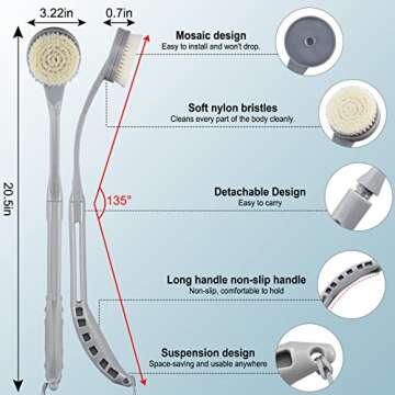 Back Brush Long Handle for Shower, 20.5” Back Bath Brush for Shower, Back Scrubber, Exfoliation an...
